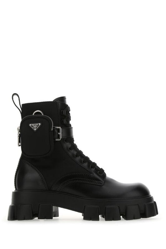 Prada Man Black Leather And Re-Nylon Monolith Boots