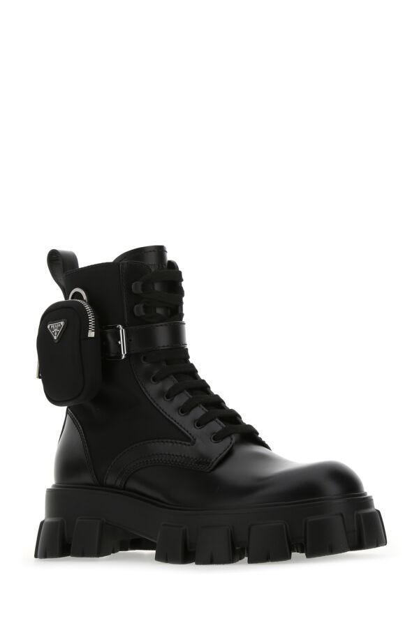 Prada Man Black Leather And Re-Nylon Monolith Boots