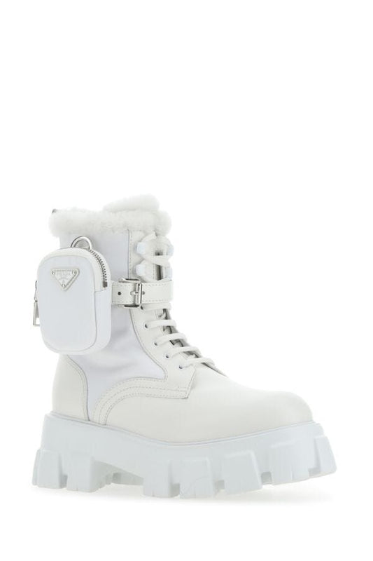 Prada Woman White Leather And Re-Nylon Monolith Boots