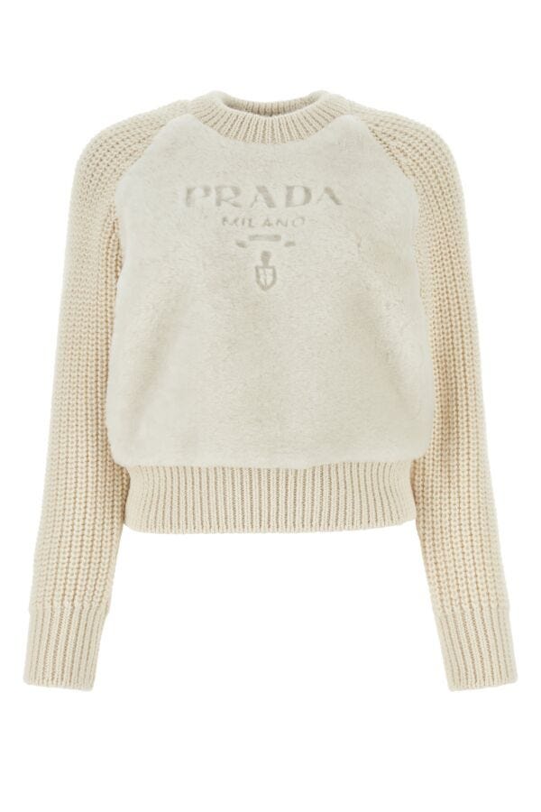 Prada Woman Ivory Shearling And Alpaca Sweater