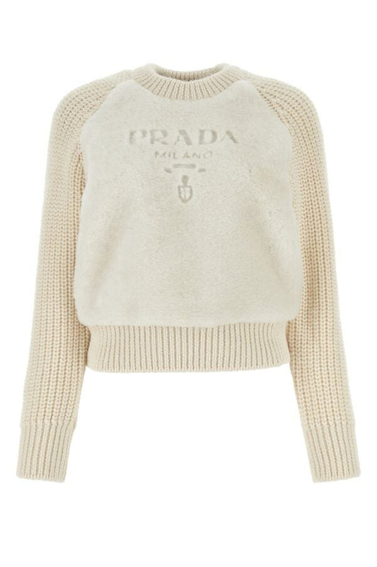 Prada Woman Ivory Shearling And Alpaca Sweater