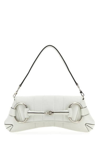 Gucci Woman White Leather Medium Gucci Horsebit Chain Clutch