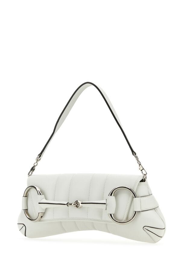 Gucci Woman White Leather Medium Gucci Horsebit Chain Clutch