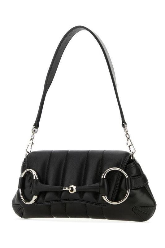 Gucci Woman Black Small Gucci Horsebit Chain Leather Shoulder Bag