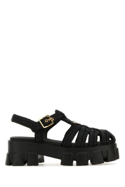 Prada Woman Black Raffia Monolith Sandals