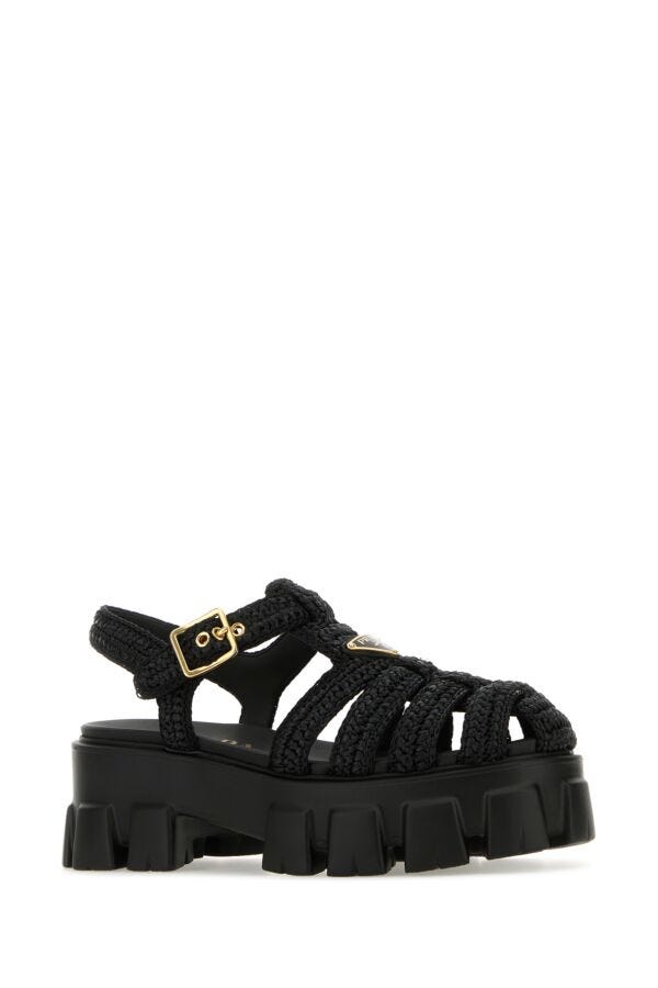 Prada Woman Black Raffia Monolith Sandals