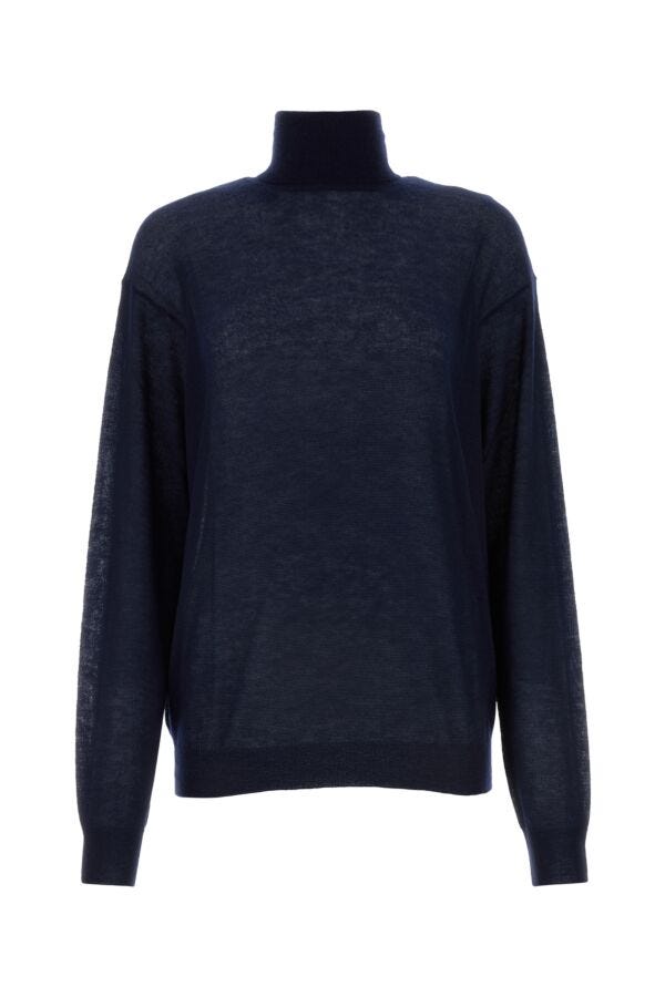 Prada Woman Navy Blue Cashmere See-Through Sweater