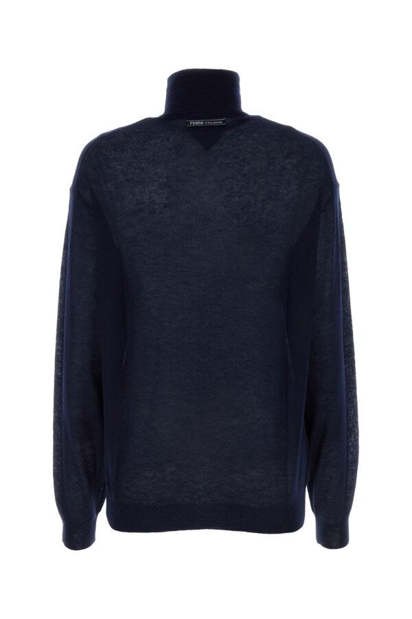 Prada Woman Navy Blue Cashmere See-Through Sweater