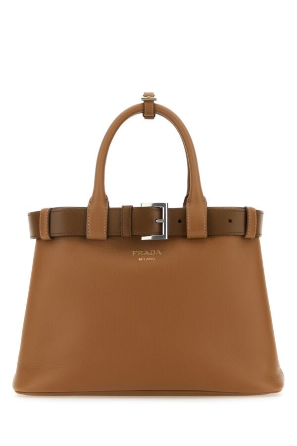 Prada Woman Caramel Leather Prada Buckle Medium Handbag