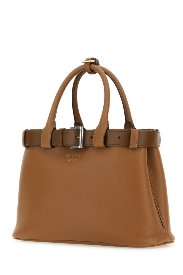 Prada Woman Caramel Leather Prada Buckle Medium Handbag