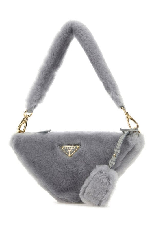 Prada Woman Grey Shearling Triangle Handbag