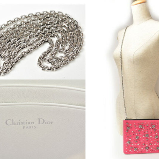 Christian Dior Chain Shoulder Bag Clutch Pouch Rhinestone Studs Pink Black