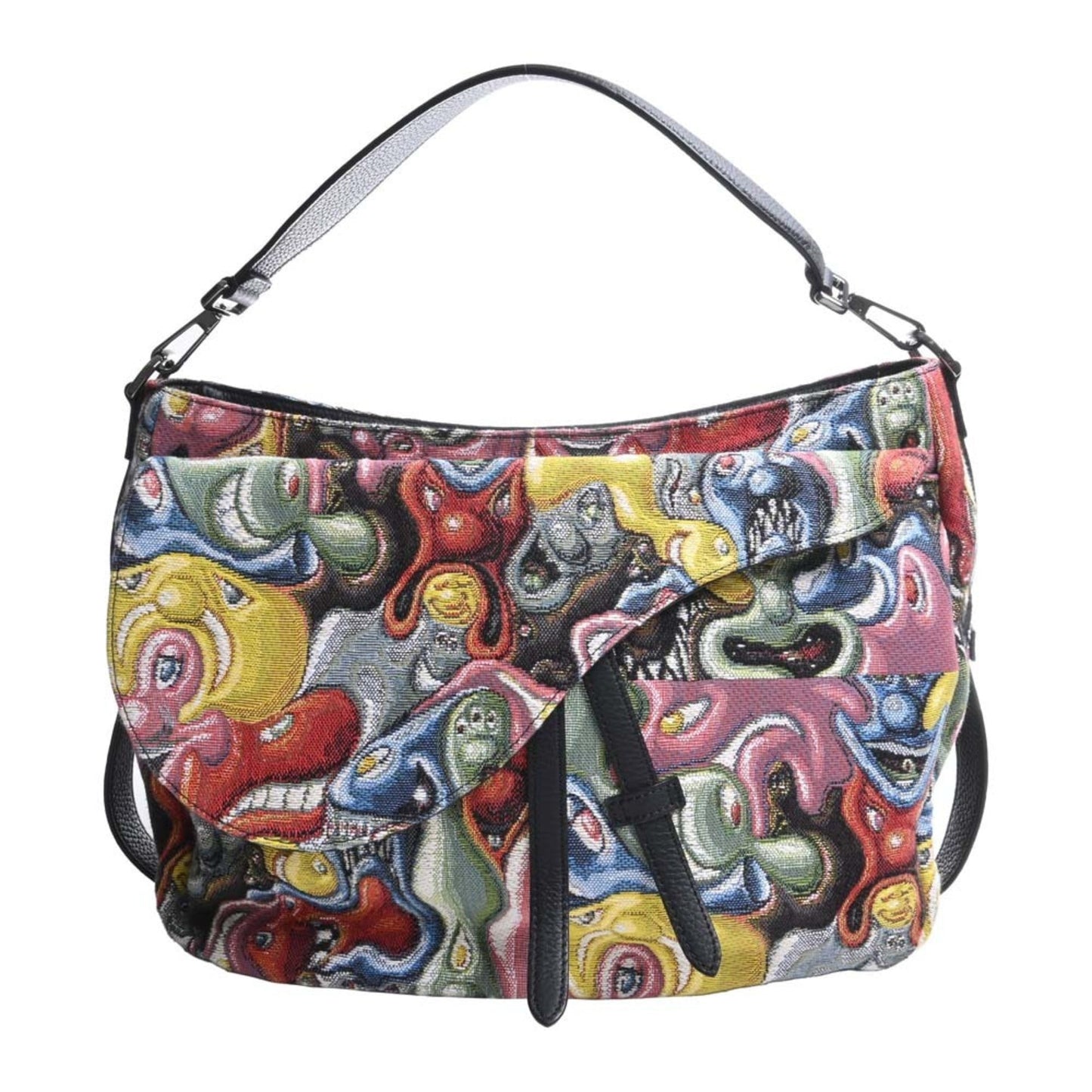 CHRISTIAN DIOR Canvas Saddle Shoulder Bag Kenny Scharf Collaboration Black Multicolor Women's