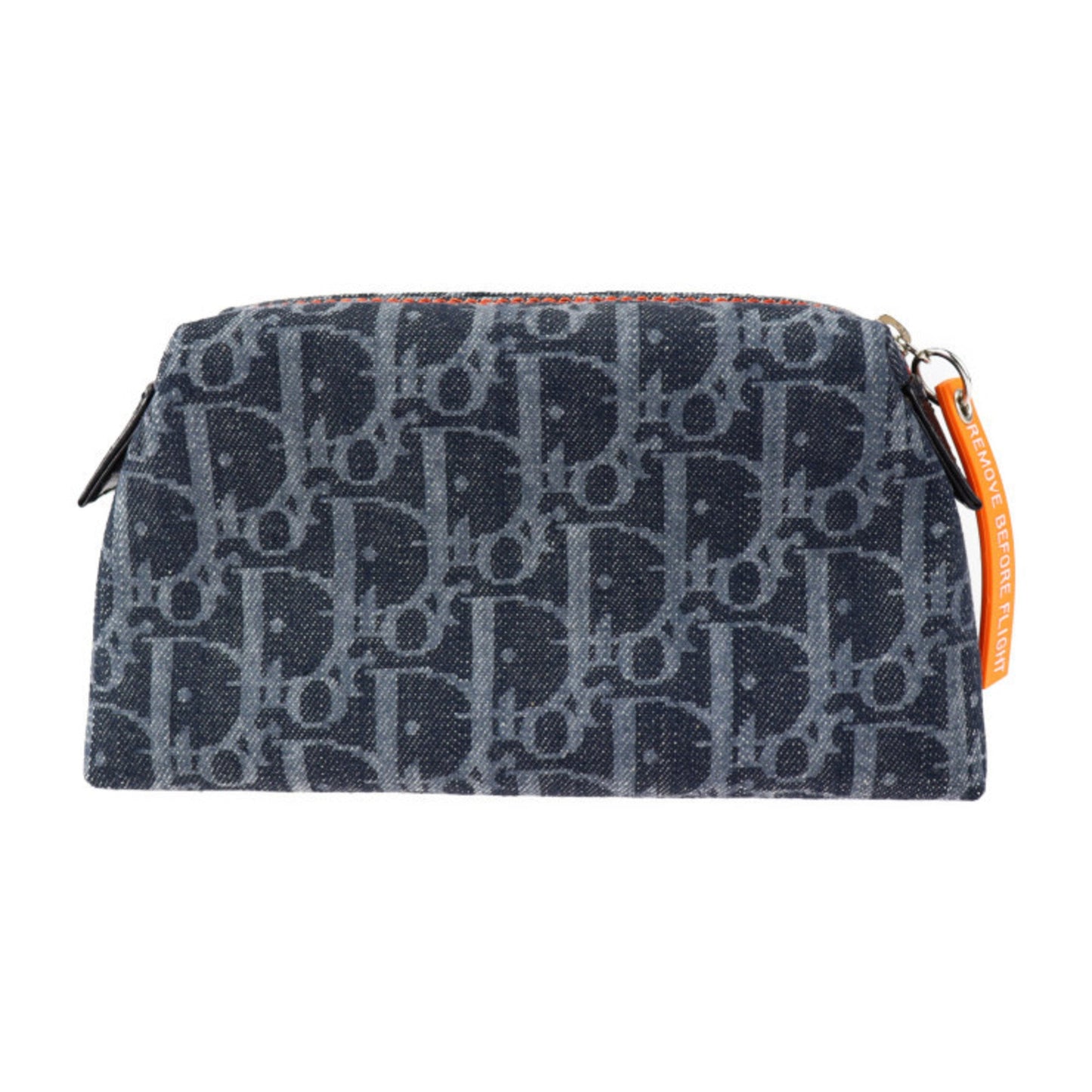 CHRISTIAN DIOR Flight Pouch Denim Leather Navy Orange Silver Hardware Trotter Cosmetic Multi