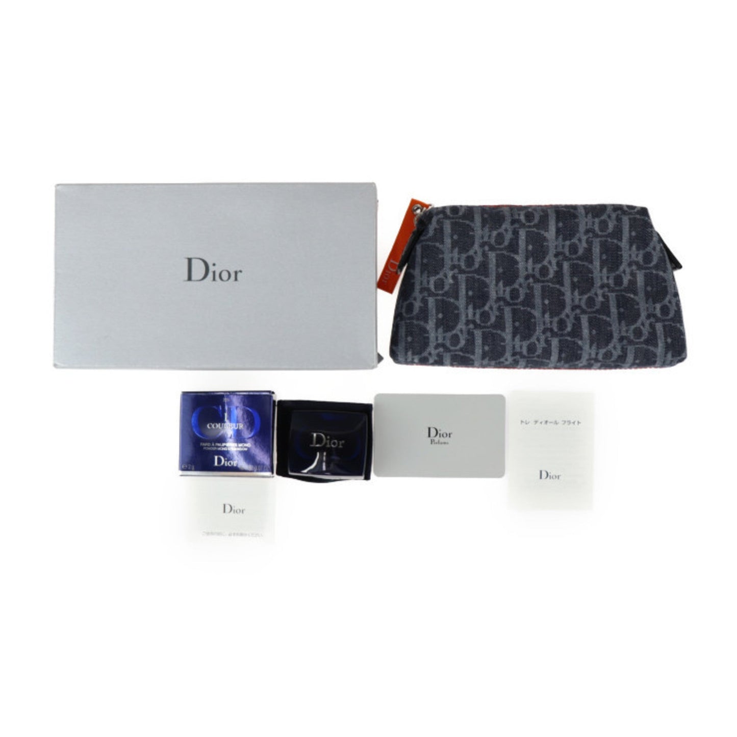 CHRISTIAN DIOR Flight Pouch Denim Leather Navy Orange Silver Hardware Trotter Cosmetic Multi