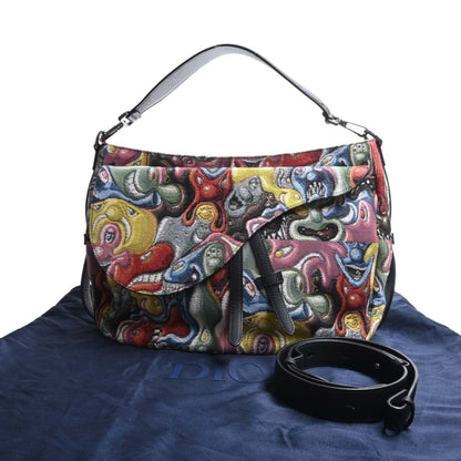 CHRISTIAN DIOR Canvas Saddle Shoulder Bag Kenny Scharf Collaboration Black Multicolor Women's