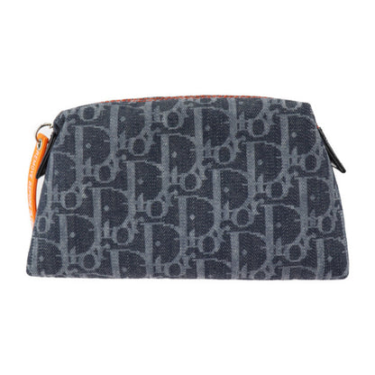 CHRISTIAN DIOR Flight Pouch Denim Leather Navy Orange Silver Hardware Trotter Cosmetic Multi