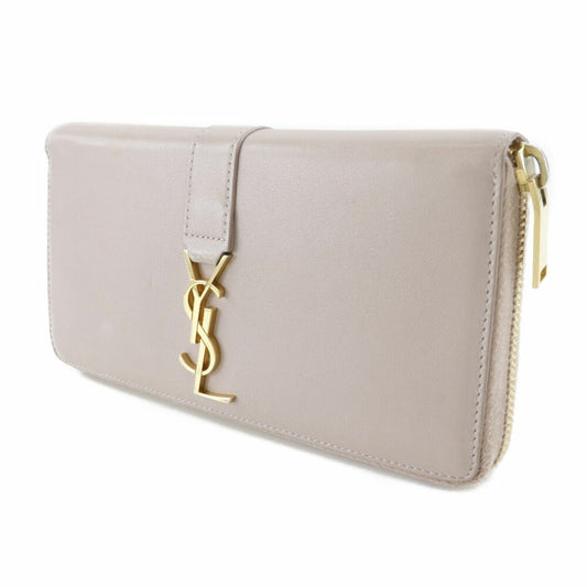 YVES SAINT LAURENT Logo YSL Long Wallet 414570 Leather Beige Ladies