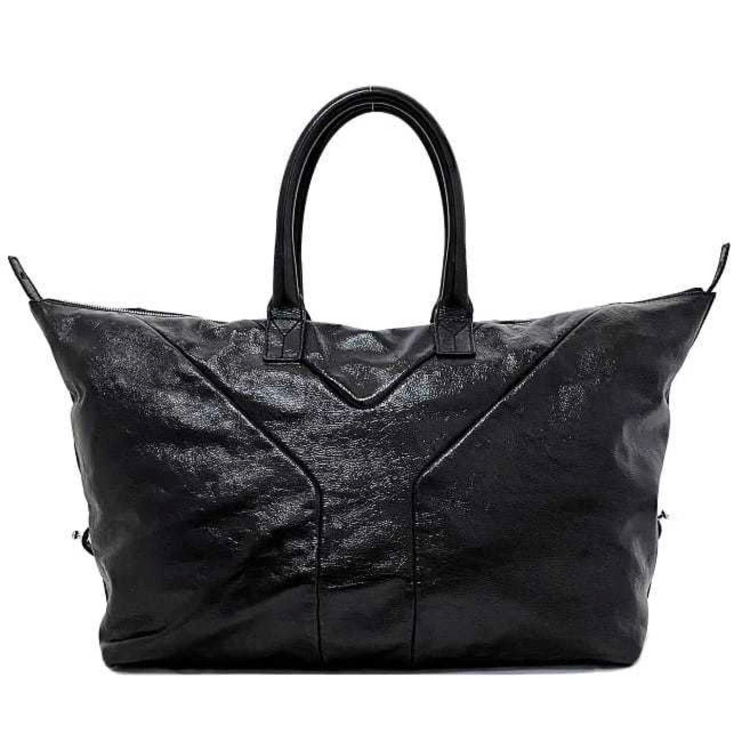 YVES SAINT LAURENT Easy Boston Bag Black Silver Tote Patent Leather  YSL Embroidery Stitch Y