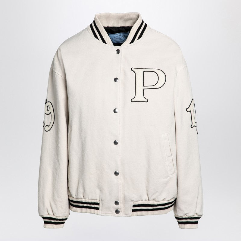 Prada Ivory Canvas Bomber Jacket With Patch Women