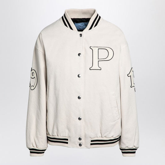 Prada Ivory Canvas Bomber Jacket With Patch Women