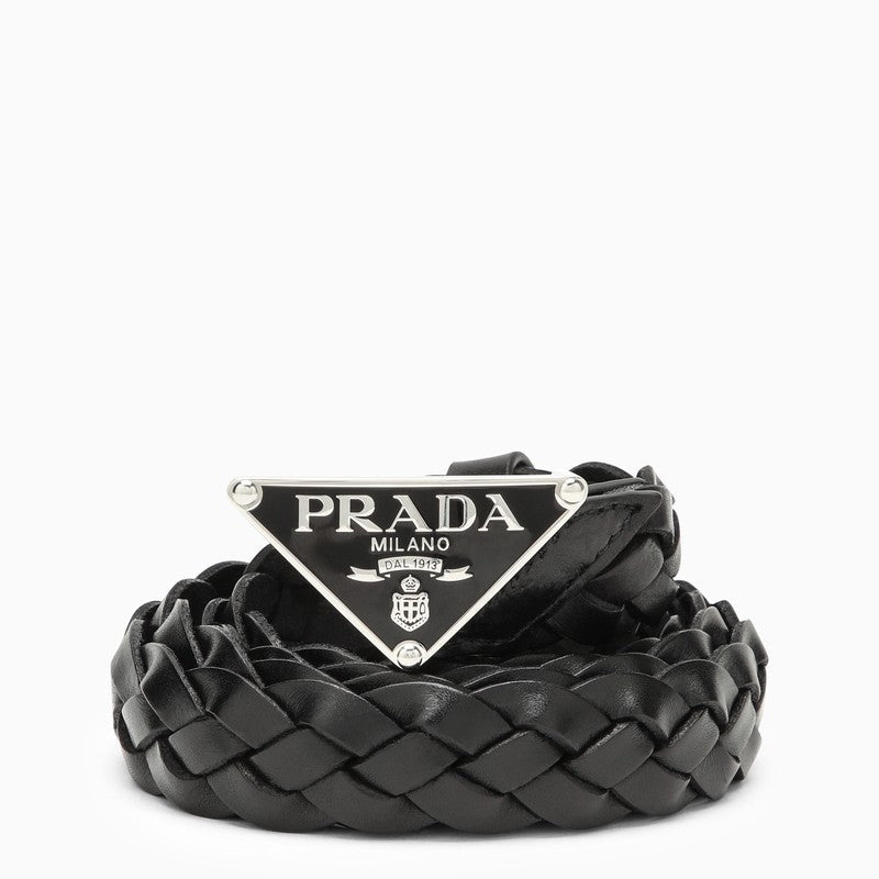 Prada Black Logo Woven Leather Belt Men