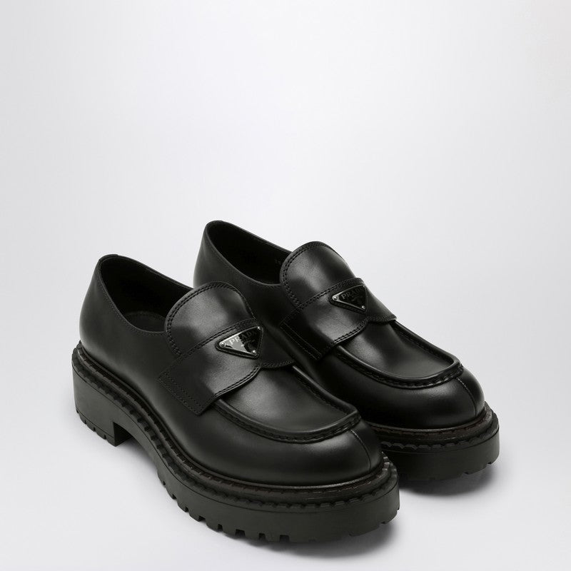 Prada Double Chocolate Black Leather Loafers Men