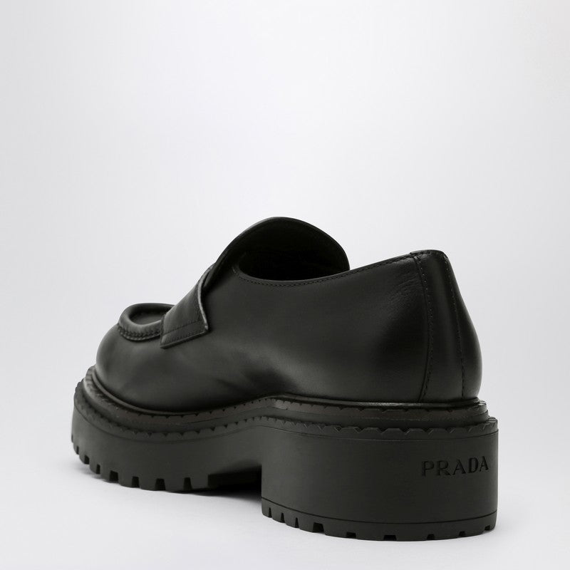 Prada Double Chocolate Black Leather Loafers Men