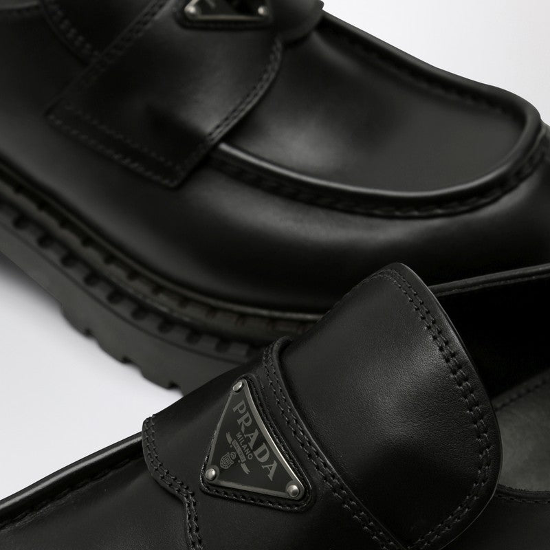 Prada Double Chocolate Black Leather Loafers Men