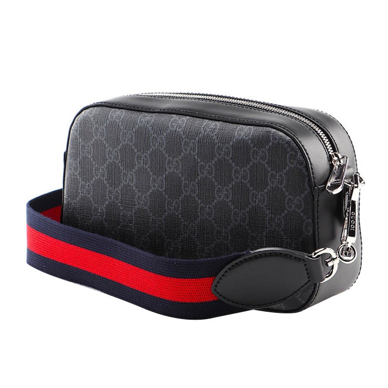 Men's GUCCI Logo Stripe Webbing Leather Logo Canvas Shoulder Messenger Bag Small Black Gray Classic 'Black Grey' 574886-K5RLN-1095