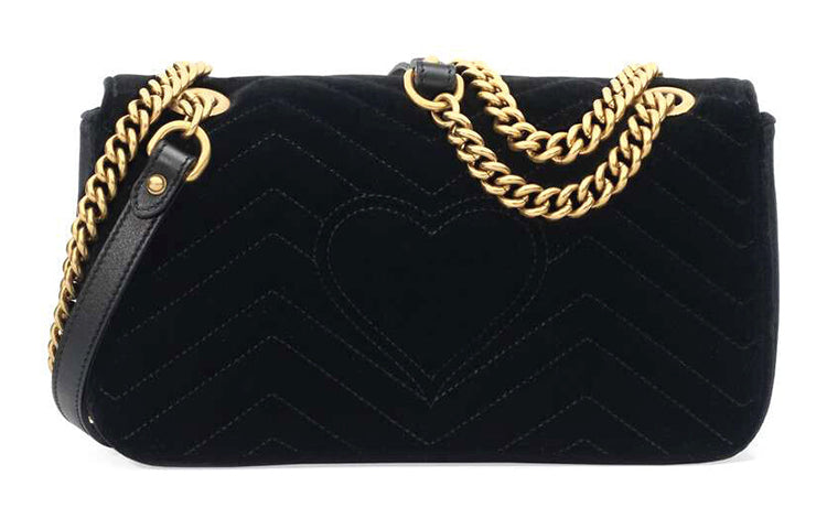 (WMNS) GUCCI GG Marmont Gold Logo Velvet Chain Shoulder Messenger Bag Small Black Classic 443497-K4D2T-1000