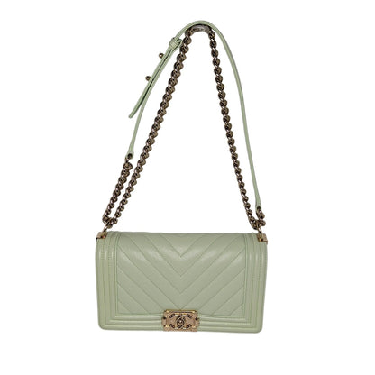 Chanel Caviar Chevron Quilted Medium Boy Flap Light Green