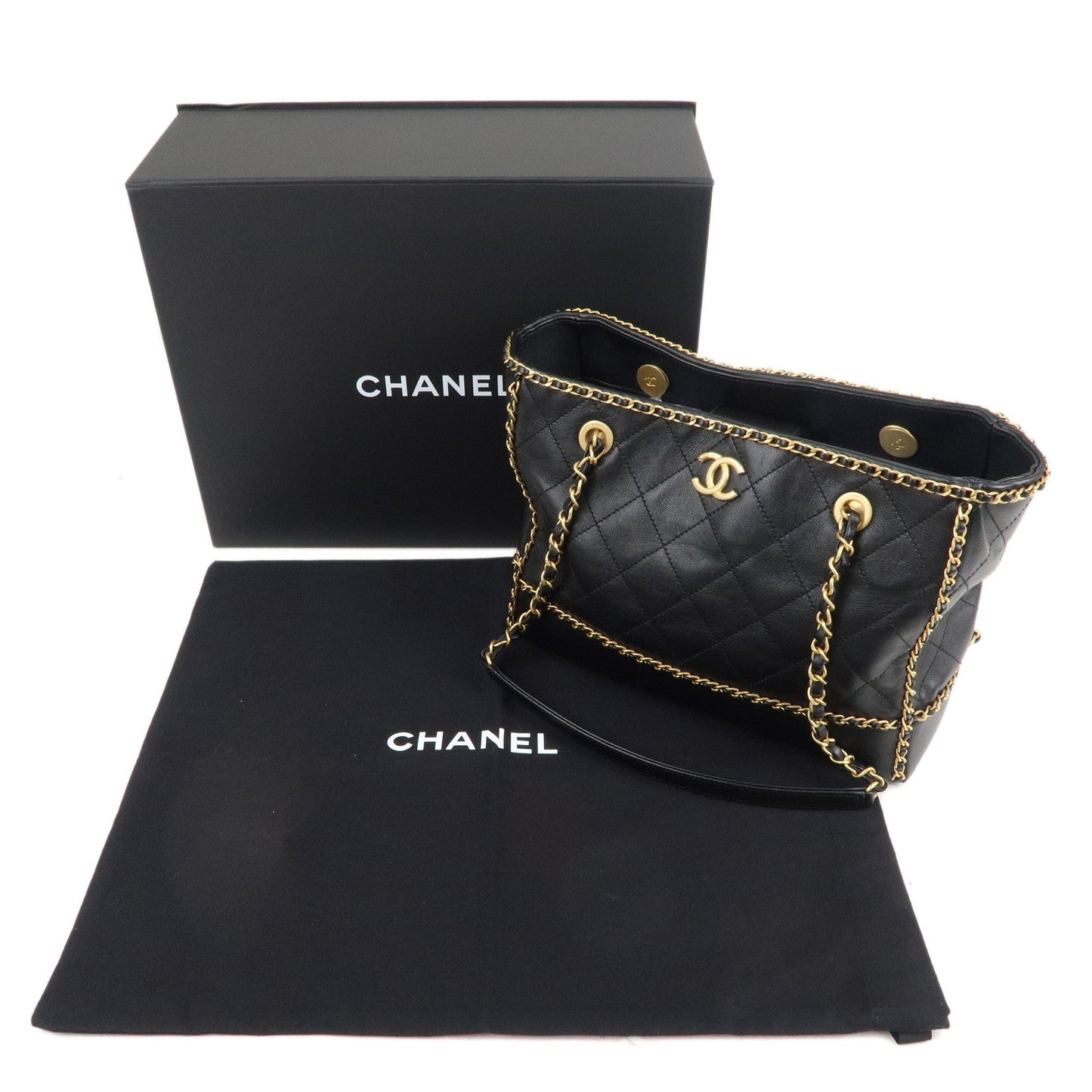 CHANEL Matelasse Lamb Skin Chain Around Tote Bag Black AS2739