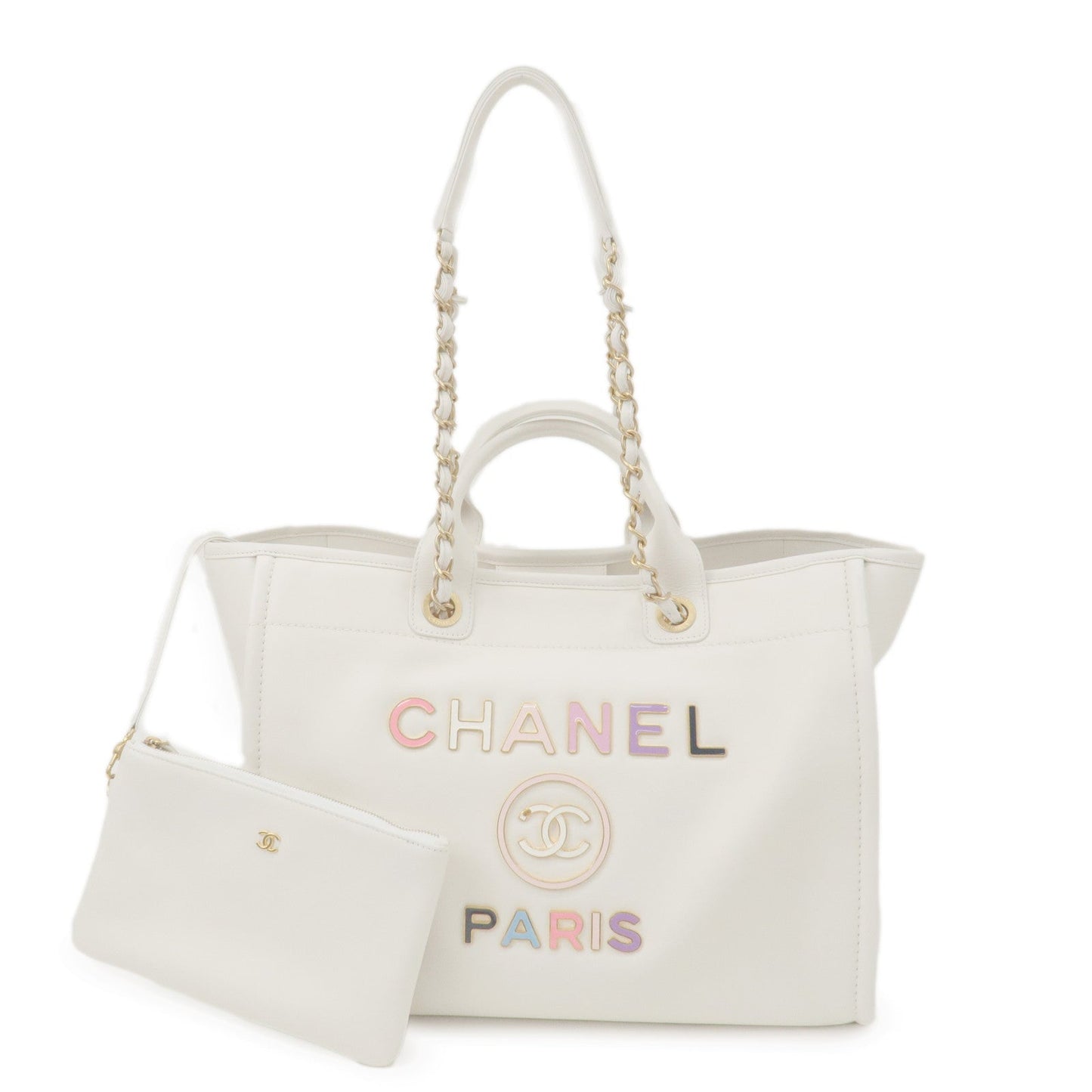 CHANEL Deauville Leather 2WAY Chain Tote Bag GM White A66941