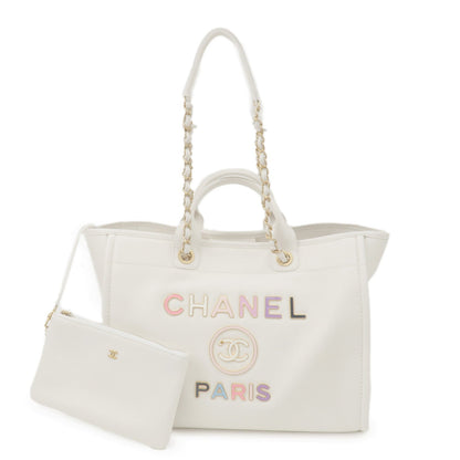 CHANEL Deauville Leather 2WAY Chain Tote Bag GM White A66941