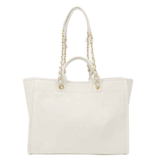 CHANEL Deauville Leather 2WAY Chain Tote Bag GM White A66941