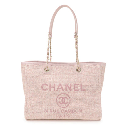 CHANEL Deauville MM Tweed Leather Chain Tote Bag Pink A67001