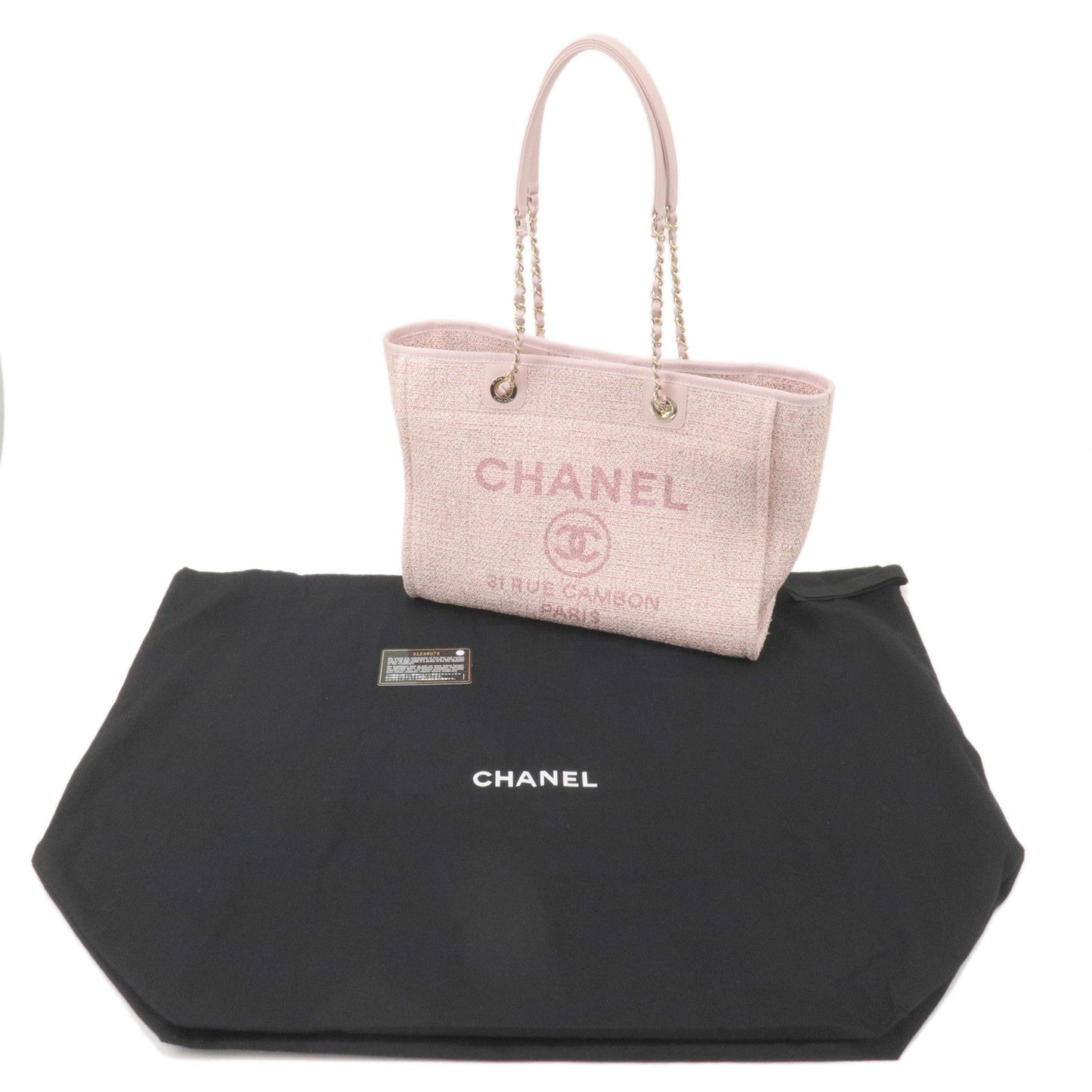 CHANEL Deauville MM Tweed Leather Chain Tote Bag Pink A67001