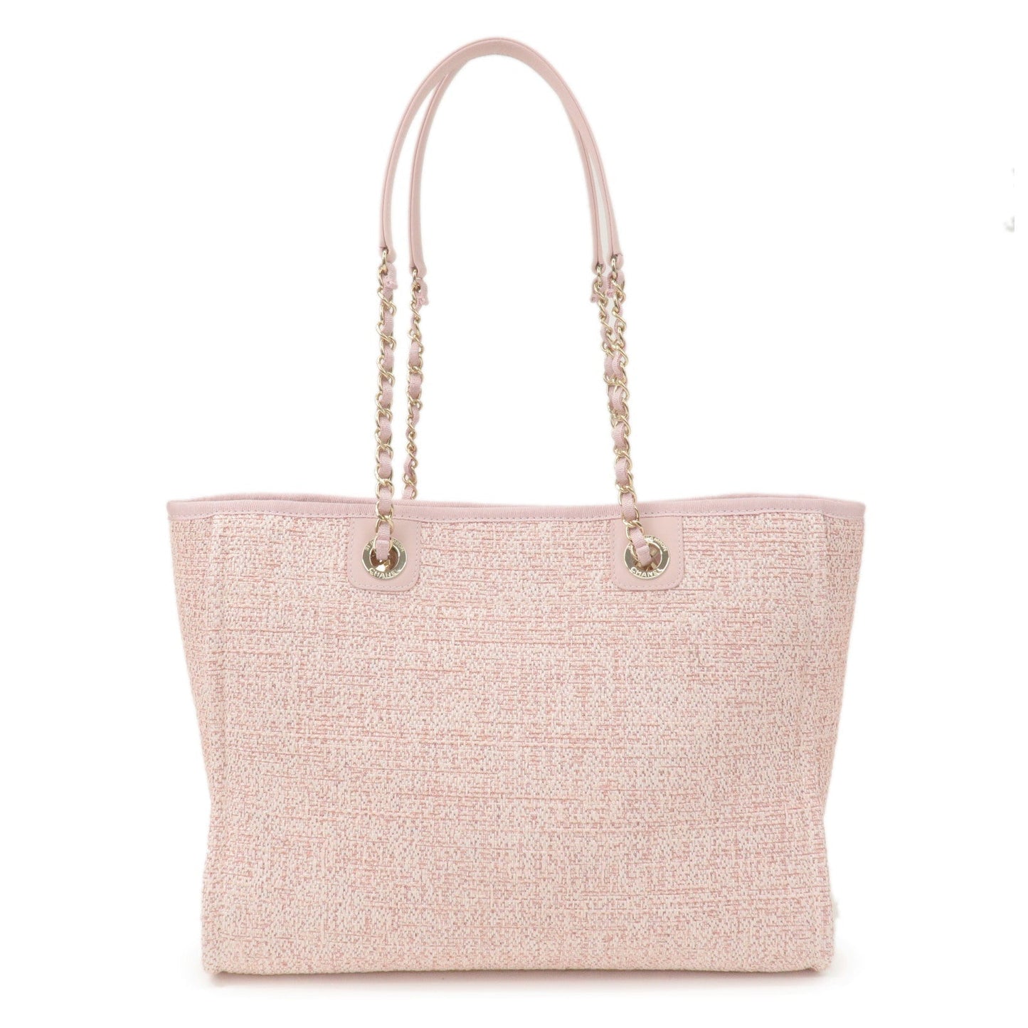 CHANEL Deauville MM Tweed Leather Chain Tote Bag Pink A67001