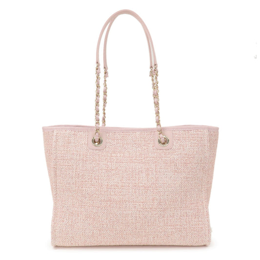 CHANEL Deauville MM Tweed Leather Chain Tote Bag Pink A67001