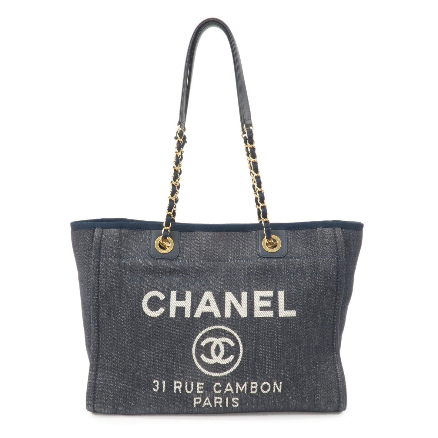 CHANEL Deauville MM Denim Leather Chain Tote Bag Navy A67001