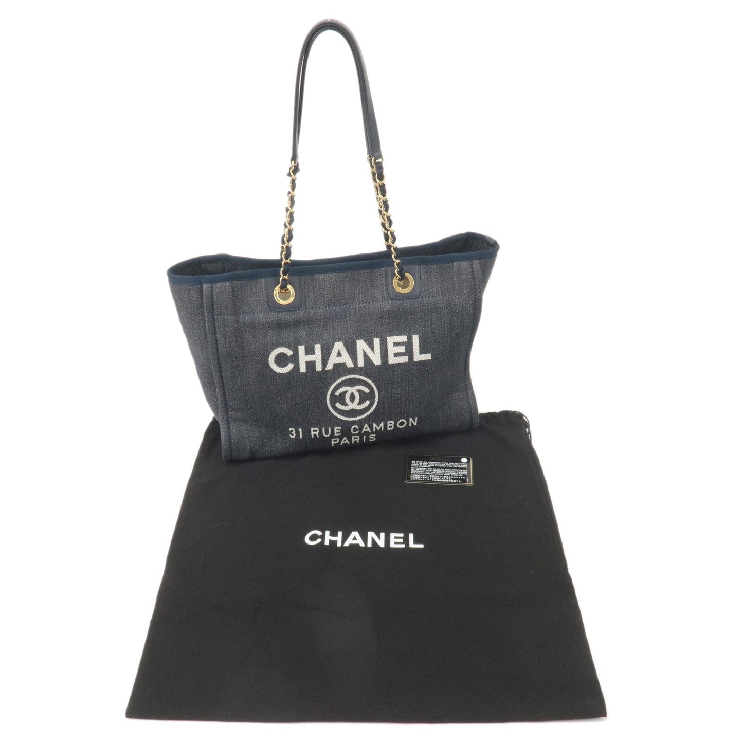 CHANEL Deauville MM Denim Leather Chain Tote Bag Navy A67001