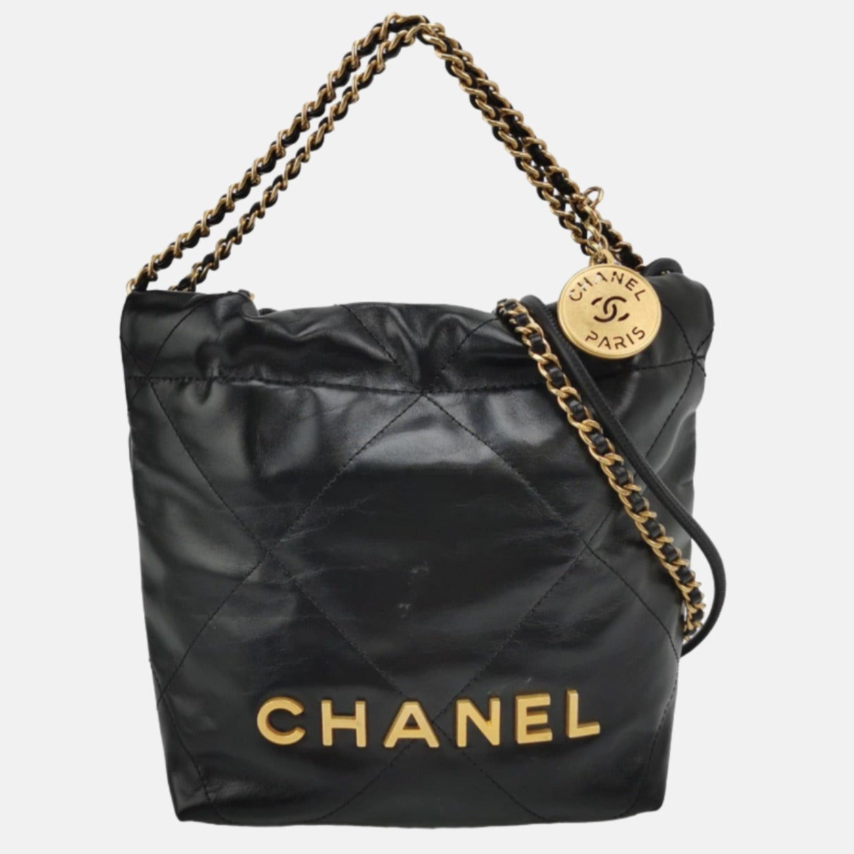 Chanel 22 Hobo Bag Mini Shiny Calfskin Leather Black with Gold-tone Hardware