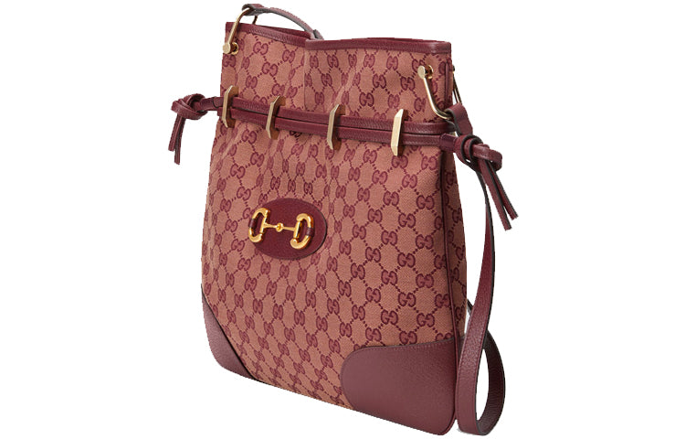 (WMNS) GUCCI Horsebit 1955 Retro Gold buckle Logo Canvas Drawstring Shoulder Messenger Bag Deep Red Classic 602089-9Y9NG-9865