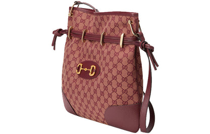 (WMNS) GUCCI Horsebit 1955 Retro Gold buckle Logo Canvas Drawstring Shoulder Messenger Bag Deep Red Classic 602089-9Y9NG-9865