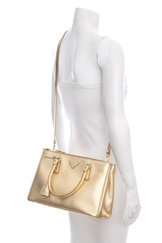 Prada Gold Metallic Saffiano Leather Double Zip Handbag