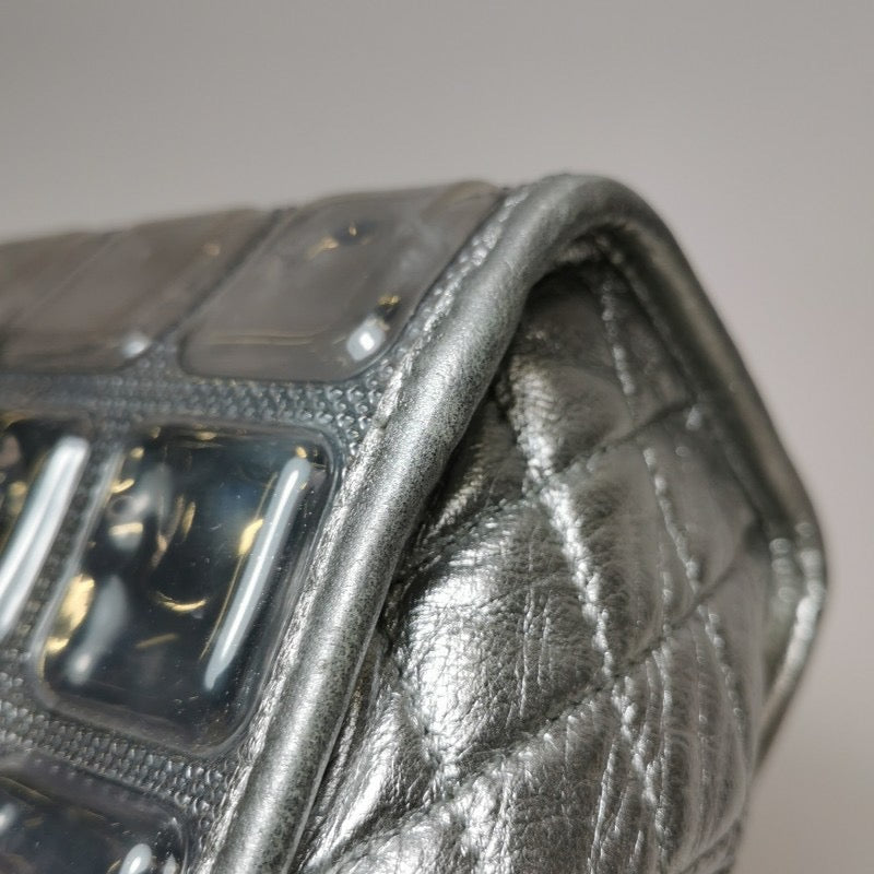 Chanel Ice Cube Chocolate Bar Clutch Metallic Silver PVC with Leather Shoulder Bag