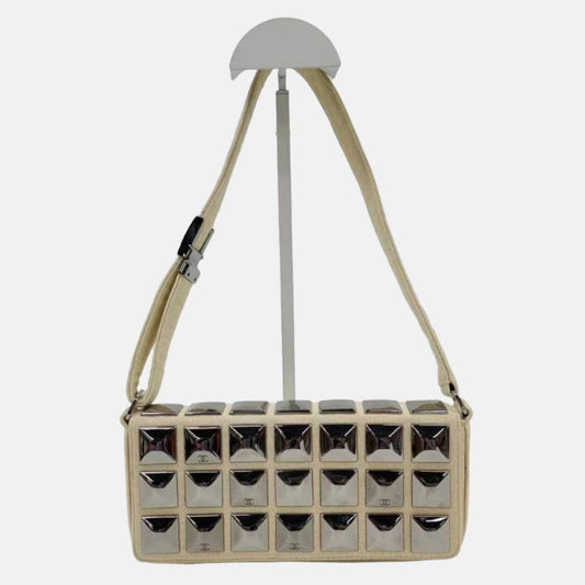 Chanel Ivory Jersey Evening Bag with Mirrored Pyramid Studs Ice Cube Chocolate Bar Shoulder Bag