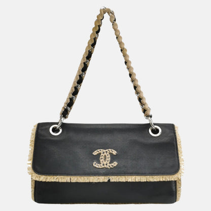 Chanel Classic Flap Chain Shoulder Bag Large Black Leather and Straw