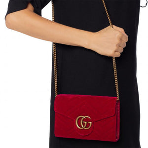 (WMNS) GUCCI GG Marmont Gold Logo Distress Velvet Chain Shoulder Messenger Bag Mini Red 474575-9QIDT-6433